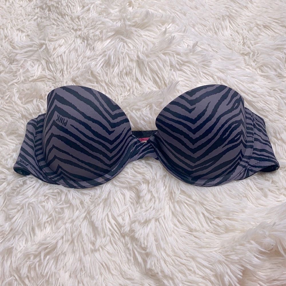Pink by Victoria’s Secret Strapless Multi Way Demi Black Gray Zebra Bra Size 34A